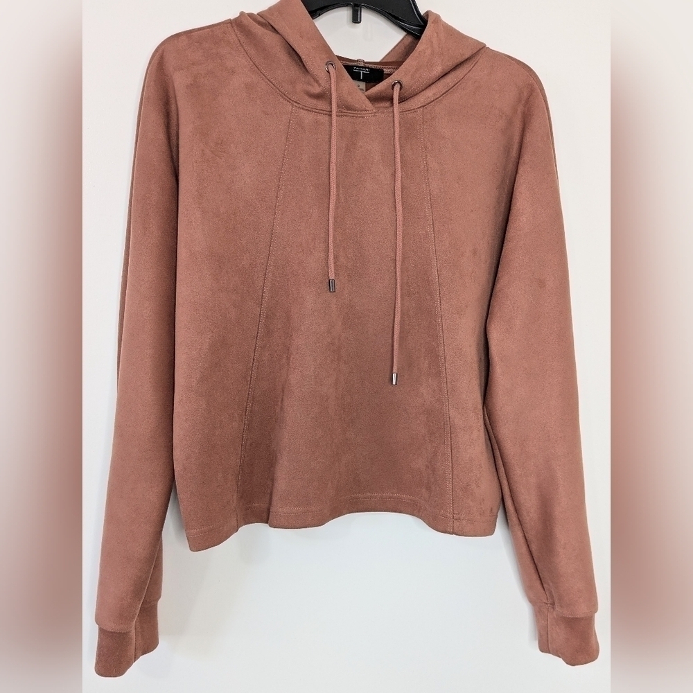 Tahari Peach Suede-Like Hooded Drawstring Pullover Sweater Oversized  CropSize S
